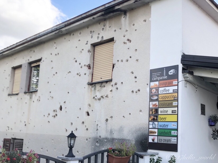 A bullet-riddled building in Mostar