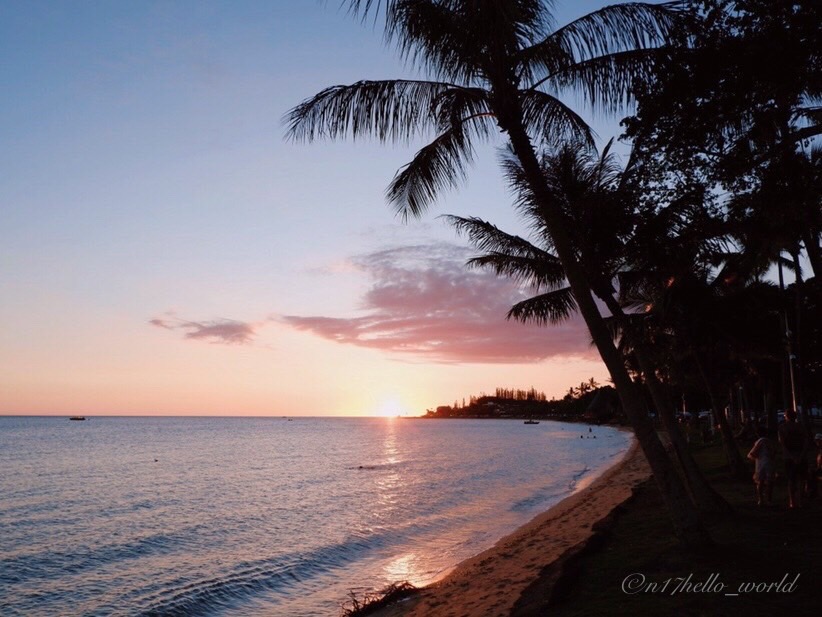 A New Caledonian beach with the sun setting over the horizon seen through palm trees